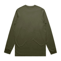 A long-sleeve t-shirt in olive green with a simple design and back view. It features a logo on the back.