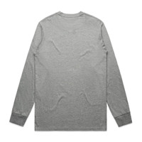 A grey long-sleeve T-shirt with a simple design and a logo on the back.