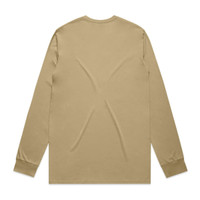 A beige long sleeve t-shirt with a plain back and fitted cuffs, featuring a branding logo.