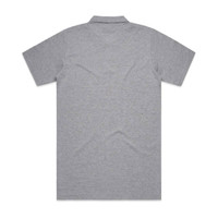 A grey polo shirt featuring a collar and short sleeves, with a logo on the front. The back is plain.