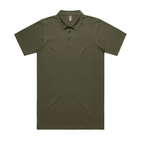 An olive green polo shirt with a collar and three buttons, featuring a logo.