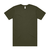 An olive green t-shirt with a crew neck and short sleeves, featuring a logo on the label.