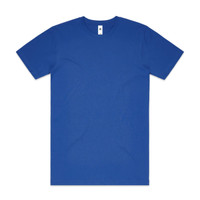 A blue t-shirt with short sleeves, featuring a simple design and a label inside the neck area.