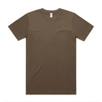 A brown block tubular tee with a classic crew neck design and short sleeves. Features a branding label.