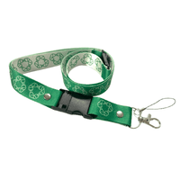 A green rPET USB sublimated lanyard featuring a recycling logo design and a metal clip for attachments.