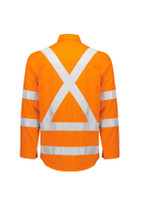 An orange lightweight ripstop shirt featuring white reflective tape in an X pattern on the back.
