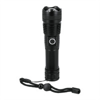 A black LED flashlight with a textured grip and a lanyard, featuring a round button for operation.