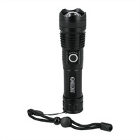 A black LED flashlight with a textured grip and a lanyard attachment, featuring a logo on the side.