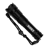 A black LED flashlight featuring a textured grip and a lanyard for easy handling. It has a logo on the side.