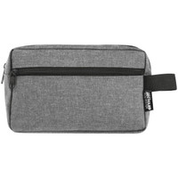 A grey toiletry bag with a zipper and a handle, featuring a small logo on the side.