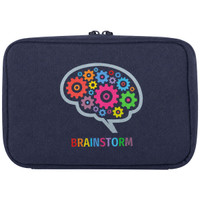 A navy organiser pouch featuring a brain design with colourful gears and a logo at the bottom.