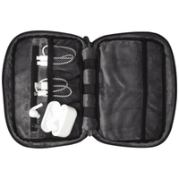 A grey organiser pouch containing charging cables and earbuds, featuring a logo on the exterior.