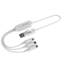 A white fast charging multi cable with three connectors, featuring a logo on the main unit.