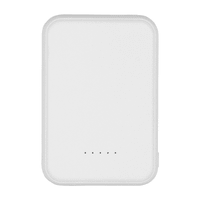 A white magnetic power bank with a sleek design and four indicator lights. It has a branding logo on the surface.