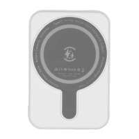 A white magnetic power bank with a circular design, featuring a Type C port and wireless charging capability.