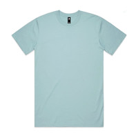 A light blue classic t-shirt with a simple design and a logo on the label.