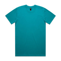 A teal classic tee displayed flat, featuring a round neckline and short sleeves. The shirt includes a logo tag.