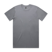 A plain grey t-shirt with a round neckline and short sleeves, featuring a logo at the neck.