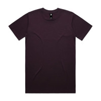 A plain dark purple t-shirt with a crew neckline and short sleeves, featuring a logo at the label.