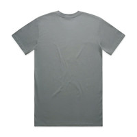 A plain grey t-shirt featuring a crew neck and short sleeves, with a branding logo on the label.