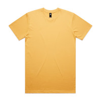 A plain yellow T-shirt with short sleeves and a branding label on the collar.