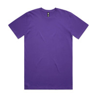 A plain purple T-shirt with a round neck and short sleeves, featuring a logo at the neckline.