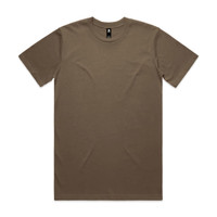 A brown Classic Tee, short-sleeved, featuring a label and a plain design. Ideal for casual wear.
