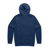 A navy blue hoodie featuring a back view and a hood. It has a simple, unembellished design and includes a branding logo.