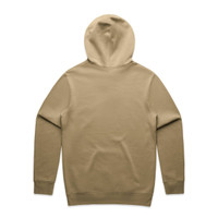 A tan hoodie featuring a hood and long sleeves, displayed from the back. It has a logo on the garment.