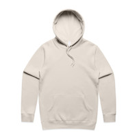 A beige hoodie with a front pocket and a drawstring hood, featuring a logo on one side.