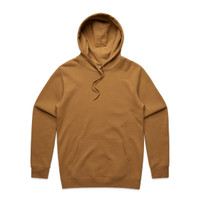 A brown hoodie with a front pocket and an adjustable hood, featuring a logo.