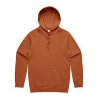 A brown hoodie with a kangaroo pocket and a drawstring hood, featuring a logo on the garment.