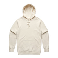 A light cream hoodie featuring a front pocket and a drawstring hood. The garment has a subtle logo on it.