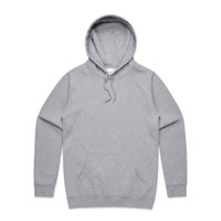 A grey hoodie with a drawstring hood and a front pocket, featuring branding.