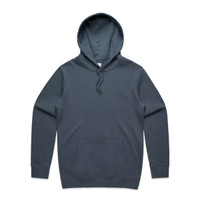 A grey hoodie featuring a front pocket and a drawstring hood. The product includes a logo.