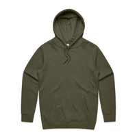 An olive green hoodie with a front pocket and a drawstring hood, featuring a logo.
