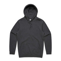 A grey hoodie featuring a front pocket and a drawstring hood, with a branded logo.
