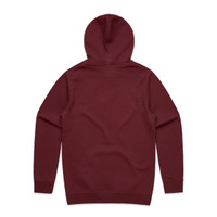 A burgundy hoodie featuring a hood and long sleeves, displaying a plain back view. It has a branding logo.