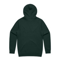 A dark green hoodie with a hood, featuring a plain back. It has a logo on it.
