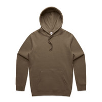 A brown hoodie featuring a front pocket and a drawstring hood. It has a branding logo.