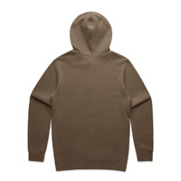 A brown hoodie with a hood, featuring a plain back design. It includes a logo at the base.