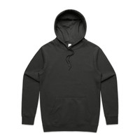 A black hoodie featuring a front pocket and a drawstring hood. It has a logo on the front.