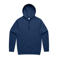 A navy blue hoodie with a front pocket and a hood, featuring a logo on the inside label.