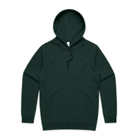 A dark green hoodie with a front pocket and a drawstring hood. It features a small logo on the label.