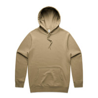 A tan hoodie featuring a kangaroo pocket and an adjustable drawstring hood, with a logo present.