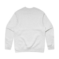 A grey sweater with a simple design, featuring a round neckline and long sleeves. It has a logo on the back.