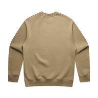 A tan-coloured sweater with a plain back and long sleeves, featuring a logo on the inner neck area.