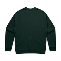 A dark green sweater with long sleeves and a crew neck, featuring a logo on the back.