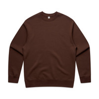 A brown sweater with long sleeves and a round neckline, featuring a logo on the inside label.