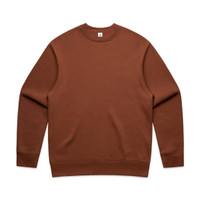 A brown jumper with a classic crew neck design and long sleeves, featuring a logo on the neckline.